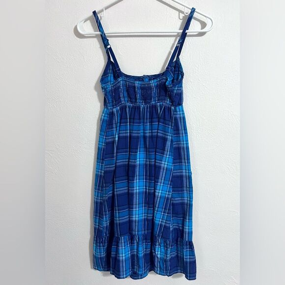 Aerie vintage Y2K blue and indigo plaid sleeveless ruffle mini sundress, size XS - Picture 4 of 6
